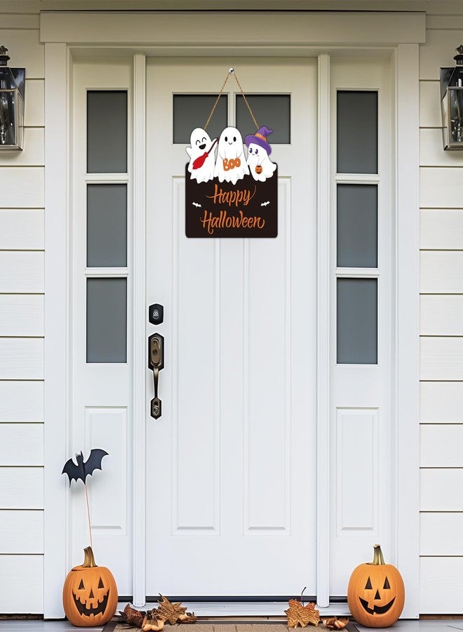 YUNKKIN Halloween Door Decorations Cute Ghost Decor Wreath Happy Halloween Sign Wooden Front Door Hanger Bat Ghost Hanging Sign Wreath for Wall Indoor Home Decor - Image 3